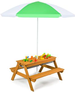 COSTWAY 3 in 1 Kinder Picknicktisch mit Sonnenschirm & Bänke, Kindersitzgruppe aus Holz mit Abnehmbarer Tischplatte & 2 Spielboxen, Sitzgarnitur Kindermöbel-Set für Garten, Hinterhof, Terrasse (Weiß)