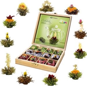Creano Teeblumen Geschenkset in Teekiste aus Holz 12 Erblühtee in 11 Sorten weißer Tee, grüner Tee, schwarzer Tee, Teerosen, Geschenk für Frauen, Mutter, Teeliebhaber