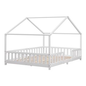 Kinderbett Treviolo mit Rausfallschutz 140x200cm Hausbett mit Lattenrost und Gitter Bettenhaus aus Holz Spielbett Weiß