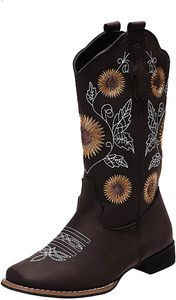 ASKSA Dámské kovbojské boty Sunflower Embroidered Western Boots, Coffee, Velikost: 42