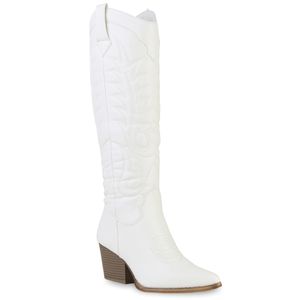 VAN HILL Damen Leicht Gefütterte Cowboystiefel Stiefel Stickereien Schuhe 839927, Farbe: Weiß, Größe: 37