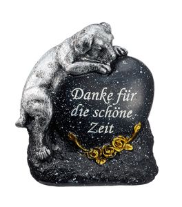 Grabdeko Hund Figur mit Herz Grau mit Gold Skulptur