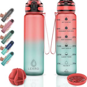 Lekro Trinkflaschen 1L, Wasserflasche für Uni, Arbeit, Fitness, Fahrrad, Outdoor, Leicht, Stoßfest, SoftTouch +Sieb, BPA-frei, Trinkflaschen-Rosa/Blau