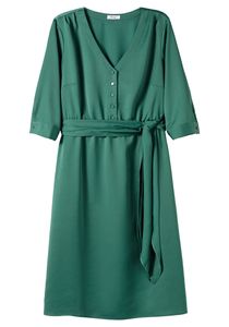 sheego Damen Große Größen Kleid mit 3/4-Arm und Bindeband Satinkleid Citywear feminin V-Ausschnitt Knopfleiste unifarben