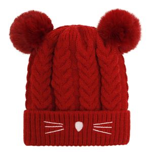 Baby-Mütze für Mädchen, zwei Plüschbälle, Cartoon-Säuglings-Twist-Muster, verdickte Plüschmütze, Kappe für den täglichen Gebrauch, Rot