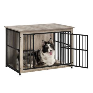 Feandrea Hundekäfig Möbel, Hundebox, moderne Hundehütte indoor für Hunde bis zu 32 kg, hochbelastbar, geschlossener Boden, 2 Türen, greige