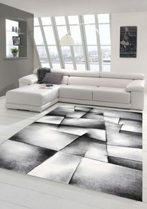 Designer Teppich Moderner Teppich Wohnzimmer Teppich Kurzflor Teppich Konturenschnitt Karo Muster Grau Schwarz Weiss Größe - 80x150 cm