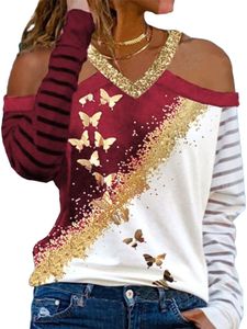 Damen y langärmliges V-Ausschnitt schulterfreies lässiges T-Shirt Top,Farbe: Rotwein,Größe:L