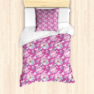 ABAKUHAUS japanisch Bettbezug Set für Einzelbetten, Pfingstrose Romantische Blume, Milbensicher Allergiker geeignet mit Kissenbezug, Pink