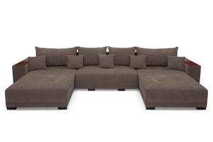 Comfortanza U sofa narożna 360 x 185 cm, sofa z funkcją spania, drewnianą półką i poduszkami, sofa narożna z podstawą do spania, w kształcie litery U do salonu w kolorze brązowym