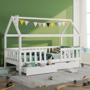 Merax Kinderbett 90x200cm Hausbett mit Schornstein, Zaun und 2 Schubladen, robuste Lattenroste aus Kiefernholz, Weiß