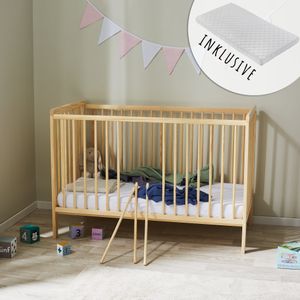 Babybett mit Matratze Kinderbett Gitterbett 60x120 höhenverstellbar & herausnehmbare Sprossen | natur sehr stabil  Europe