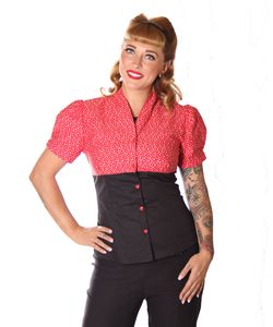 SugarShock Enisa Herzchen V-Neck Puffärmel Bluse , Größe:XL, Farbe:schwarz rot