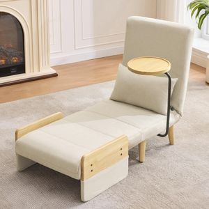 Merax Sessel, 3-in-1 Umbausessel mit Schlaffunktion, 6-fach verstellbar, Holztablett, Lordosenstütze & Kissen, Leinen, Beige