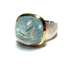 Ring 925/- Silber Aquamarin Cabochon groß bicolor matt Silberring Solitärring #61