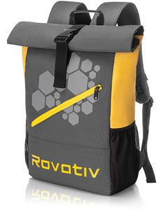 Rovativ Rolltop Rucksack bis 32 Liter, wasserdicht, mit Laptop Fach, grau/gelb