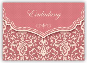4x Schöne Vintage Einladungskarte mit Retro Damast Muster in alt rosa zur Hochzeit, Taufe, Diner etc: Einladung