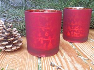 Windlicht Teelicht Glas lackiert rot mit Weihnachtsmotiven H 10 cm 2er Set
