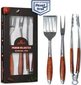 grillart® Premium Grillbesteck Set, 3-teilig aus hochwertigem Edelstahl und edlen Holzgriffen