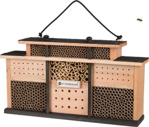 WONDERMAKE® Design Insektenhotel aus Eukalyptus-Holz mit 7 Zimmern und Terrasse, Bienenhotel groß hängend Nisthilfe für Wildbienen, 48 x 10,5 x 27 cm, braun schwarz