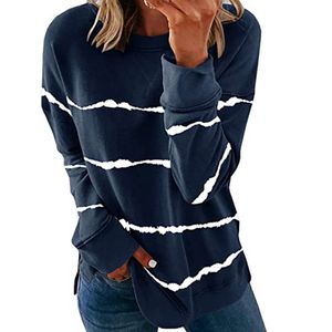 Damen gestreifte bedruckte Langarm Sweatshirt T-Shirt Pullover Top,Farbe: Dunkelblau,Größe:XXL