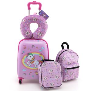 COSTWAY 5-dielny detský kufor + batoh, detský vozík s boxom na obed, visačkou na batožinu a vankúšom na krk (jednorožec)