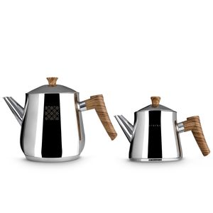 Serenk Definition Türkische Teekanne Set aus Edelstahl, Caydanlik, Teekanne 1 L, Teekannendeckel 2 L, Brauner Griff