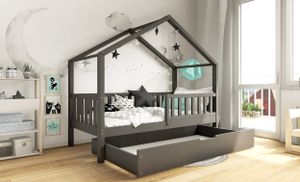 DOMI BIS Hausbett Kinderbett 100x200 Graphit Kiefer Holz Schubkasten Holzbett