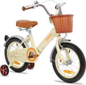 HILAND Stitch 14 Zoll Kinderfahrrad für Mädchen 3 4 5 6 7 Jahre alt mit Vorderkorb, Stützrädern, Schutzblech, Klingel, Beige