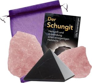 Schungit Pyramide 5cm + Rosenquarz Stein "Heilstein" 6-tlg Set gegen negative Energie + Strahlenschutz + Buch [Ulla Rosenberger]