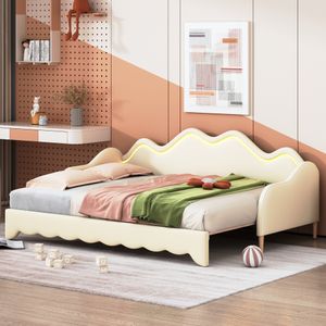 Flieks Kinderbett Schlafsofa 90x190cm/180x190cm, Polsterbett mit Ausziehbett, Sofabett Einzelbett Doppelbett Gästebett, PU, Beige