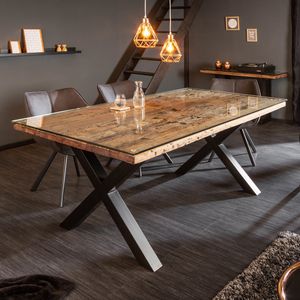 Massiver Esstisch BARRACUDA 180cm Teakholz inkl. Glasplatte Esszimmertisch Edelstahl X-Gestell