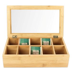 Schramm® Teebox aus Bambus Tee Box Deckel 36x20x9cm mit 10 Fächern Teekiste mit Sichtfenster Teebeutelbox Teekasten Tee Box