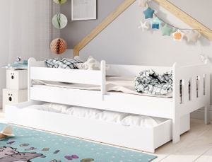 Kinderbett 80x160 | 80x180 | 90x200 cm mit Schublade, Rausfallschutz & Lattenrost in weiß 200 x 90 Mädchen Jungen Bett