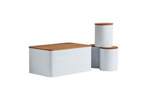WENKO Brotkasten Set mit 3 Vorratsdosen, weiß - Deckel aus Bambus - 4-teiliges Vorratsset