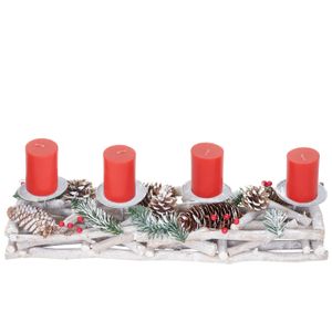 Adventsgesteck länglich, Weihnachtsdeko Adventskranz, Holz 11x15x50cm weiß-grau  mit Kerzen, rot