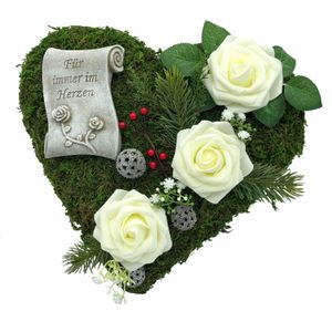 Grabgesteck Grabschmuck Moosherz Grabherz Trauerherz Gesteck - Für immer im Herzen-30cm 3 weiße Rosen