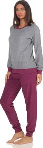 Damen langarm Frottee Pyjama Schlafanzug mit Bündchen und Zierspruch und Herzmotiv ; grau-melange , 36/38