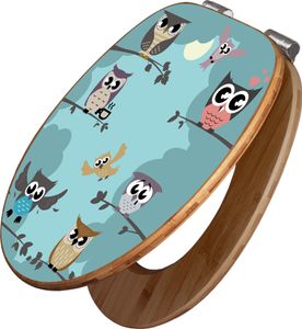 banjado Design WC Sitz Bambus Absenkautomatik -Acht Eulen - Toilettendeckel mit Absenkautomatik Holz/hochwertiger Bambus Klodeckel/WC-Sitz für alle gängigen Toiletten [TDB2 11562]