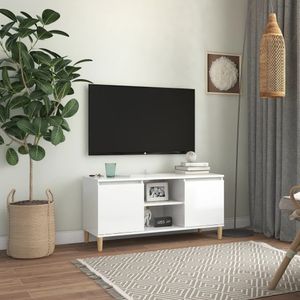 vidaXL TV skrinka s nohami z masívneho dreva s vysokým leskom biela 103,5x35x50 cm