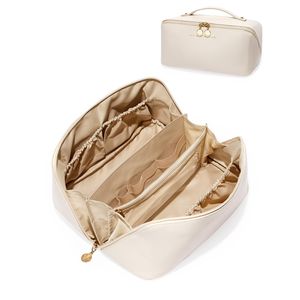 Leap Reise-Make-up-Tasche, Kosmetiktaschen mit großem Fassungsvermögen für Damen, wasserdichte tragbare Tasche, offene, flache Kulturtasche, Make-up - White
