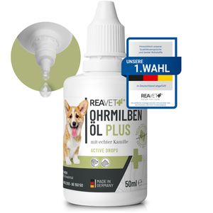 REAVET Ohrmilbenöl Plus 50 ml sofort wirksames Mittel für Hunde & Katzen –gegen Ohrmilben mit Kamille für Hund & Katze, Sanfte Pflege bei Juckreiz im Ohr, Ohrentropfen Milben, Ohrenreiniger