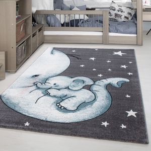 Kinderteppich Kinderzimmer Babyzimmer Kurzflor Elefanten Mama Grau Blau Meliert, Grösse:120x170 cm