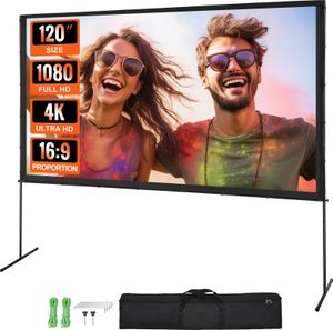 VEVOR Projekčné plátno so stojanom 120 palcové HD 4K vonkajšie interiérové projekčné plátno Rýchlo skladacie prenosné filmové plátno 16:9 pre domáce kino, kemping, voľnočasové podujatia atď. Čierna