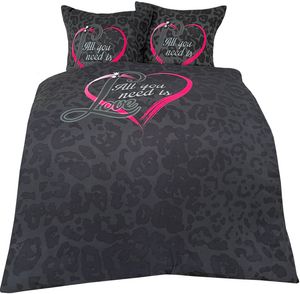 Bettwäsche 155x220 + 80x80 cm schwarz pink Herz Love mit Reißverschluss, 4-tlg