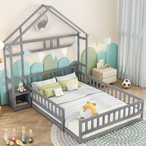 Merax detská posteľ 140x200 cm s ochranou proti vypadnutiu, nočným stolíkom a lamelovým roštom, podlaha z masívneho dreva, jednolôžková a dvojlôžková posteľ, sivá
