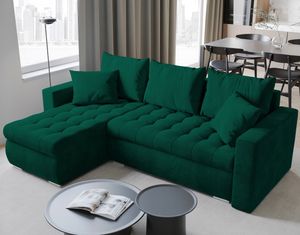 BroMARKT Ecksofa LUIS mit Schlaffunktion Bettkasten Kissen Couch Sofa L-Form, Dunkelgrün