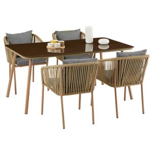 Gartenmöbel Set CAPO mit 1 Esstisch und 4 Stühlen, Gestell aus Alu in beige, Seilbespannung in beige, inkl. Sitzkissen und Rückenpolster in grau