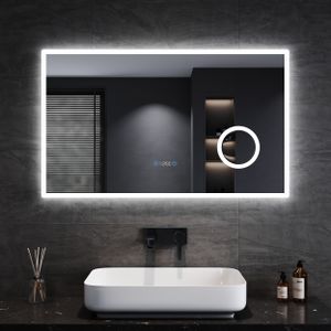 SONNI Badspiegel mit Beleuchtung LED 100x60cm mit 3-facher Vergrößerung mit Touch Helligkeit einstellbar Beschlagfrei Uhr Temperatur Lichtspiegel Touchschalter IP44 Energiesparend