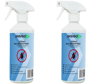 INSIGO 2x500ml Anti-Milbenspray, Mittel gegen Milben Milbenbefall Milbenfrei Schutz gegen Eier auf Wasserbasis, fleckenfrei, geruchlos, mit Schnell- & Langzeitwirkung frei EX